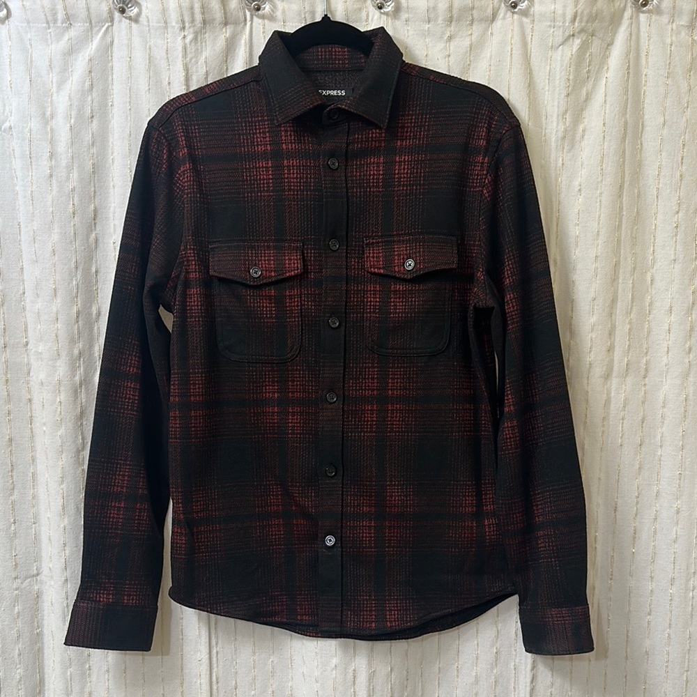 Express Men's Black and Red Plaid Shirt
